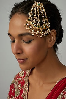 Gold Plated Kundan Polki & Green Stone Pasa