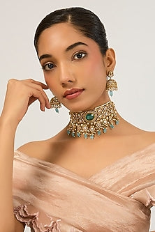 Gold Plated Kundan Polki & Blue Stone Choker Necklace Set
