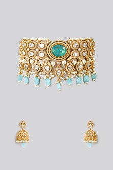 Gold Plated Kundan Polki & Blue Stone Choker Necklace Set