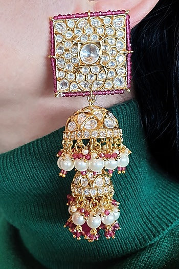 Gold Plated Kundan Polki Jhumka Earrings