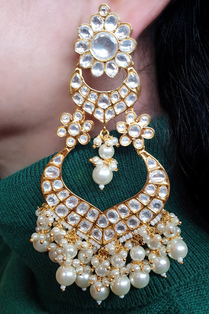 Gold Plated Kundan Polki & Pearl Chandbali Earrings