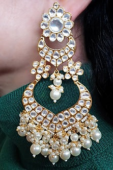 Gold Plated Kundan Polki & Pearl Chandbali Earrings