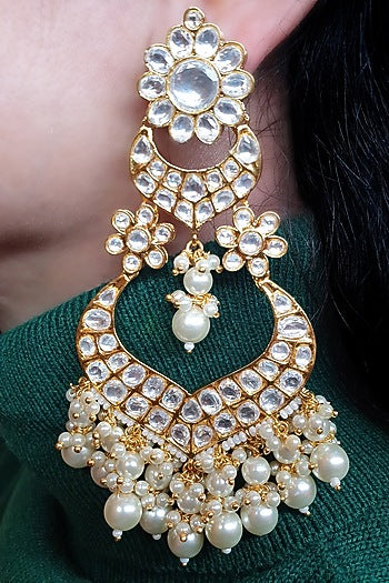 Gold Plated Kundan Polki & Pearl Chandbali Earrings