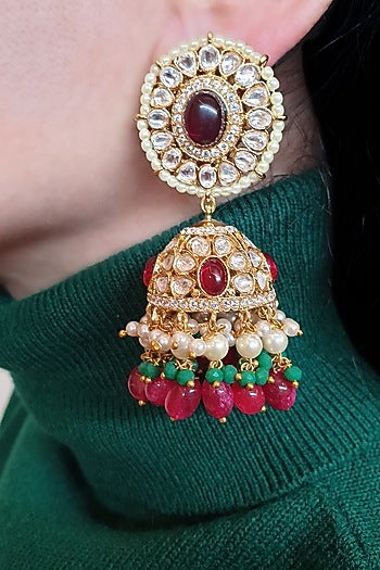 Gold Plated Handcrafted Polki Jhumka Earrings