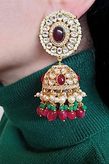 Gold Plated Handcrafted Polki Jhumka Earrings