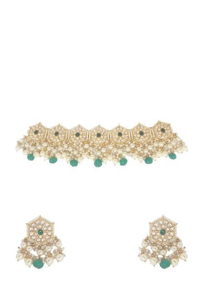 Gold Plated Kundan Polki & Emerald Stone Choker Necklace Set
