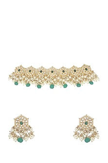 Gold Plated Kundan Polki & Emerald Stone Choker Necklace Set