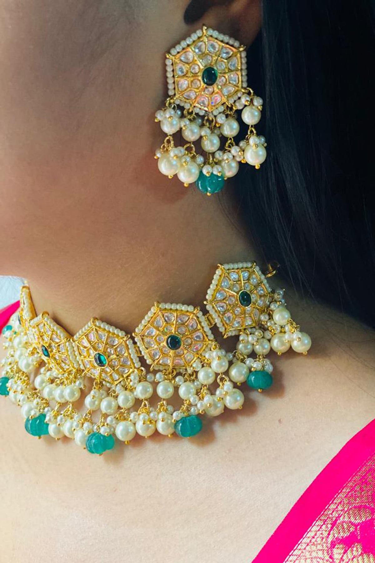 Gold Plated Kundan Polki & Emerald Stone Choker Necklace Set