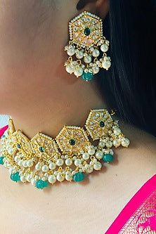 Gold Plated Kundan Polki & Emerald Stone Choker Necklace Set