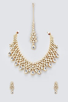 Gold Plated Kundan Polki Drop Long Necklace Set