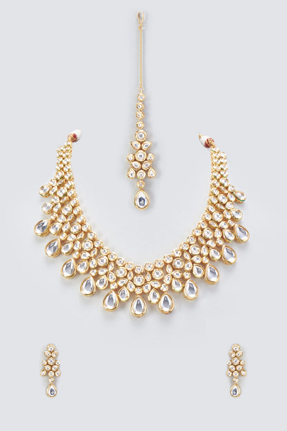 Gold Plated Kundan Polki Drop Long Necklace Set