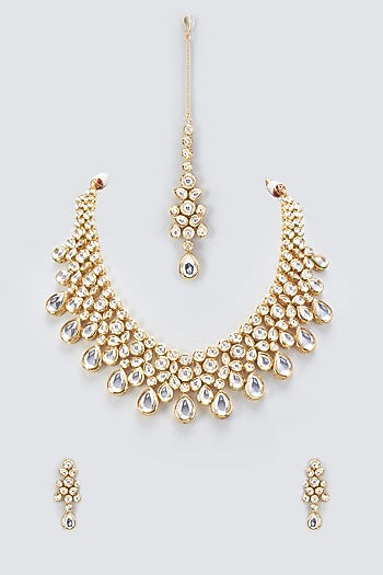 Gold Plated Kundan Polki Drop Long Necklace Set