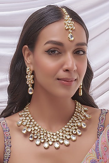 Gold Plated Kundan Polki Drop Long Necklace Set