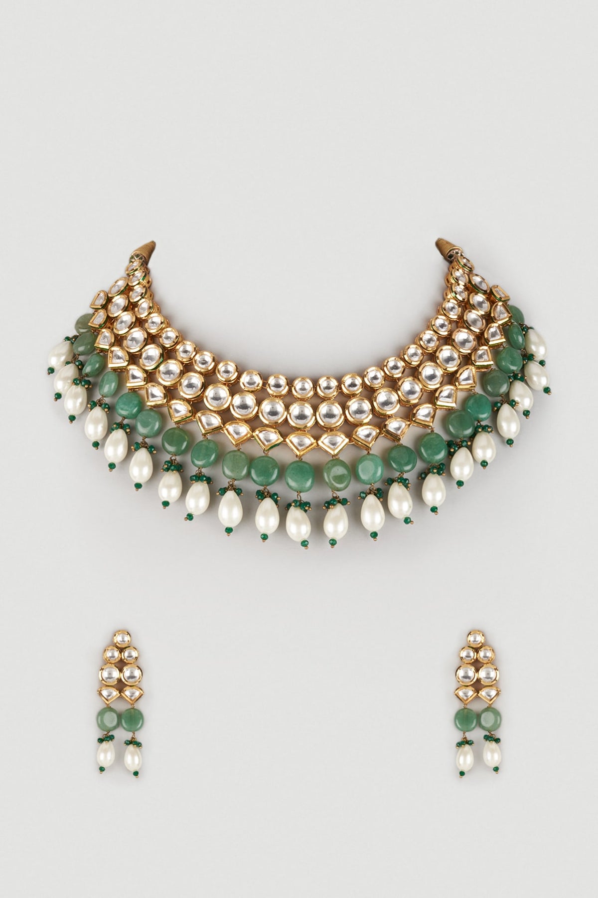 Gold Plated Kundan Polki & Shell Pearls Layered Necklace Set