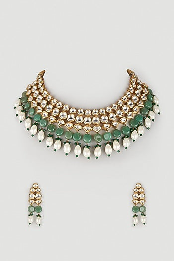 Gold Plated Kundan Polki & Shell Pearls Layered Necklace Set