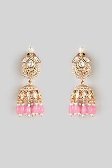 Gold Plated Kundan Polki & Pink Beaded Jhumka Earrings