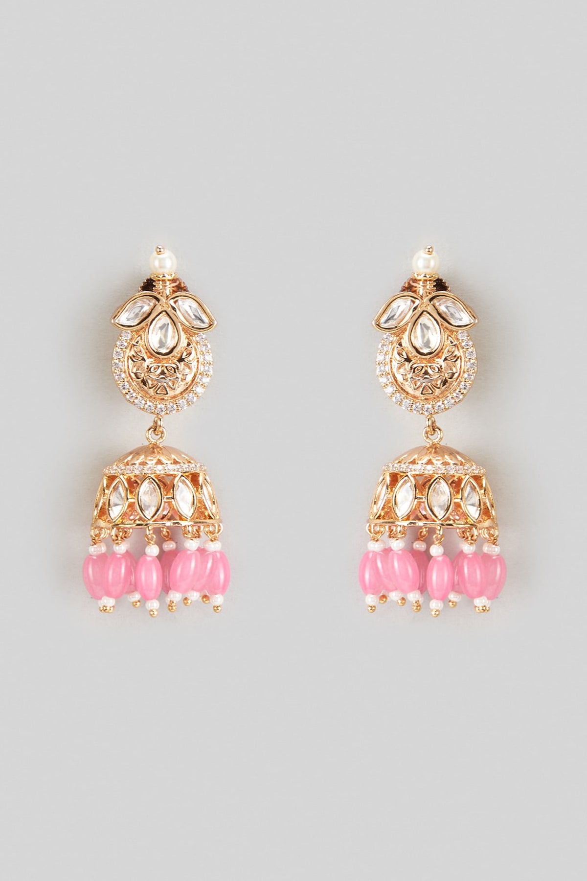 Gold Plated Kundan Polki & Pink Beaded Jhumka Earrings