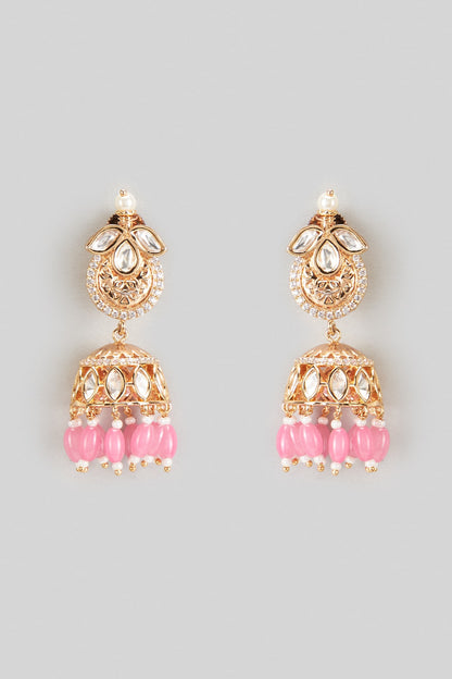 Gold Plated Kundan Polki & Pink Beaded Jhumka Earrings