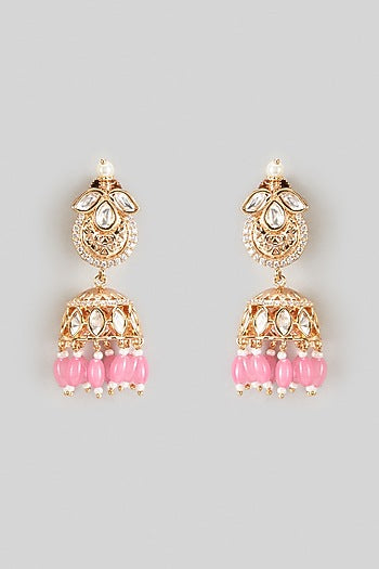 Gold Plated Kundan Polki & Pink Beaded Jhumka Earrings