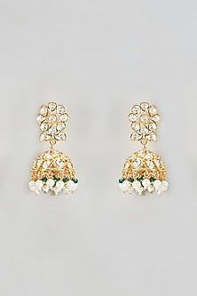 Gold Plated Kundan Polk & Emerald pearls Jhumka Earrings