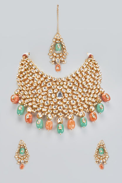 Gold Plated Kundan Polki & Jade Beads Necklace Set