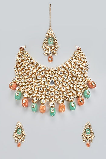 Gold Plated Kundan Polki & Jade Beads Necklace Set