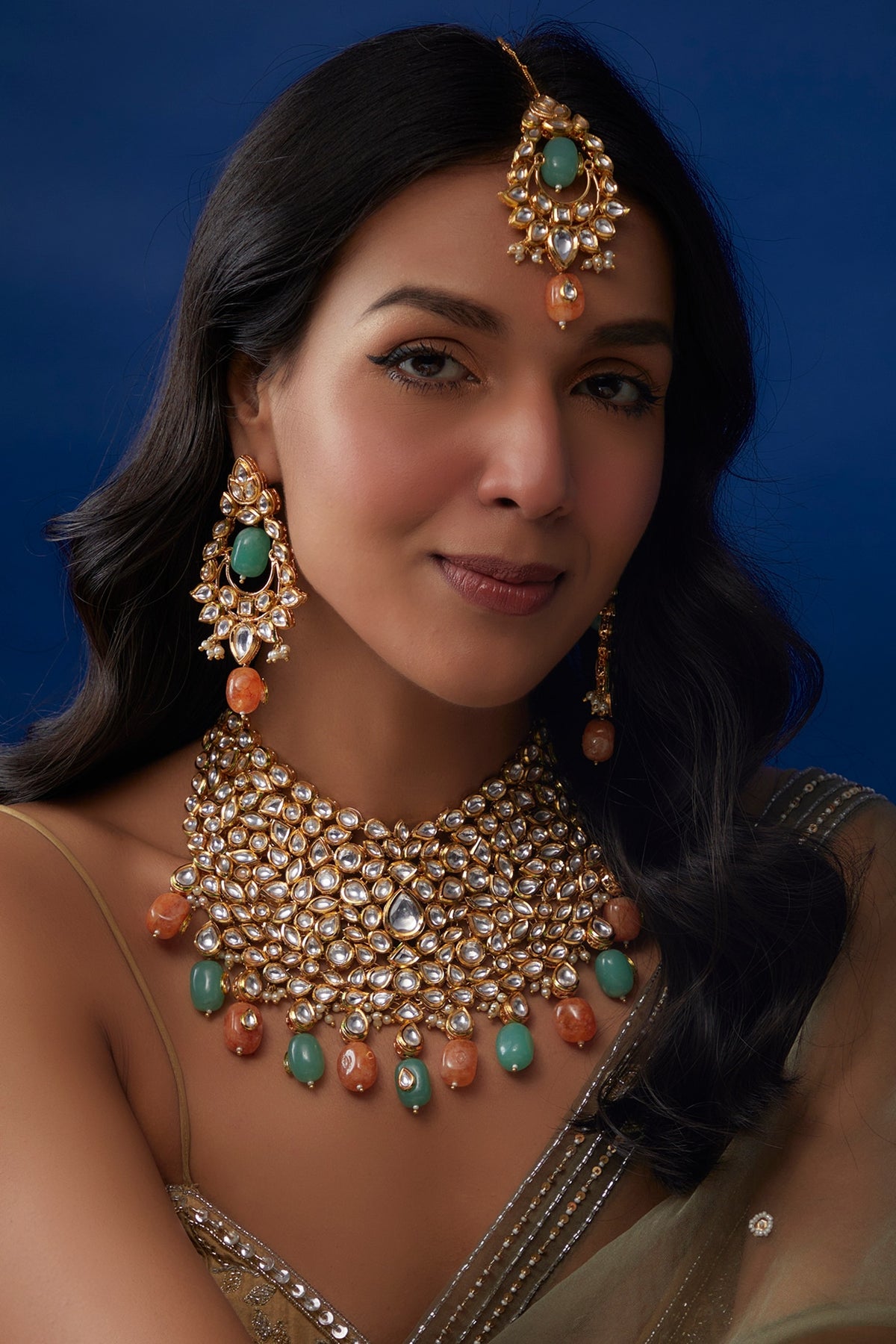 Gold Plated Kundan Polki & Jade Beads Necklace Set