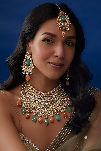 Gold Plated Kundan Polki & Jade Beads Necklace Set