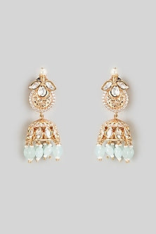 Gold Plated Kundan Polki & Mint Green Beaded Jhumka Earrings