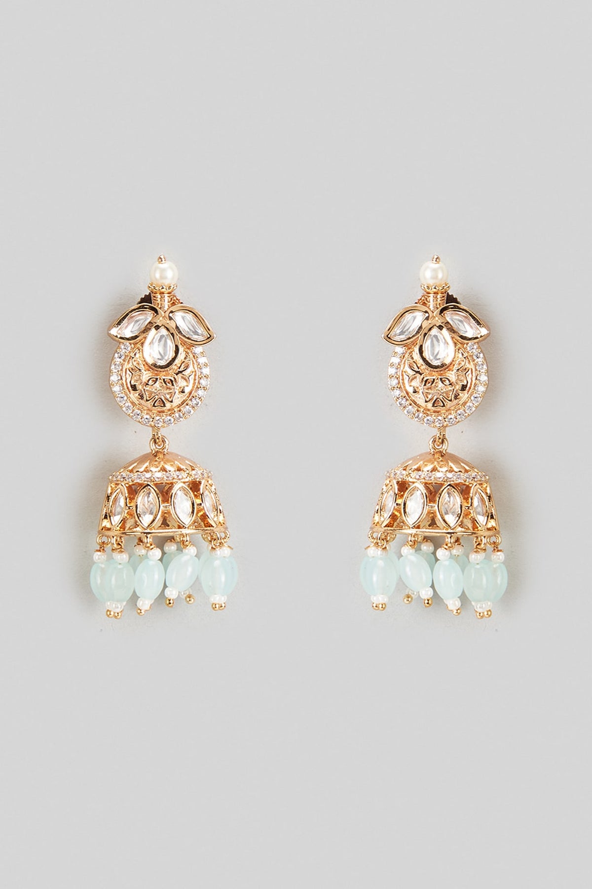 Gold Plated Kundan Polki & Mint Green Beaded Jhumka Earrings