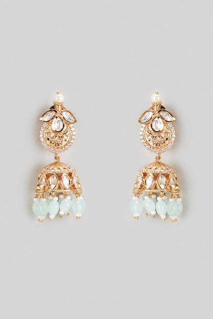 Gold Plated Kundan Polki & Mint Green Beaded Jhumka Earrings