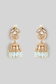 Gold Plated Kundan Polki & Mint Green Beaded Jhumka Earrings