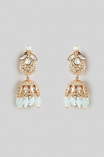 Gold Plated Kundan Polki & Mint Green Beaded Jhumka Earrings