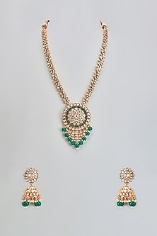 Gold Plated Kundan Polki & Emerald Stone Long Necklace Set