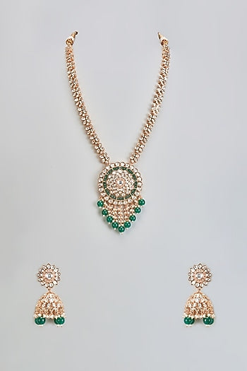 Gold Plated Kundan Polki & Emerald Stone Long Necklace Set