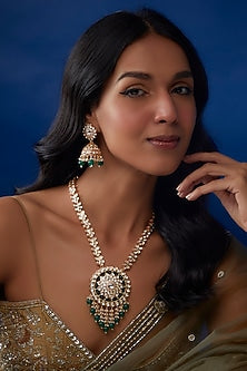 Gold Plated Kundan Polki & Emerald Stone Long Necklace Set