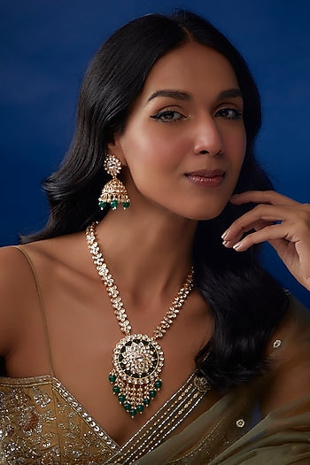 Gold Plated Kundan Polki & Emerald Stone Long Necklace Set