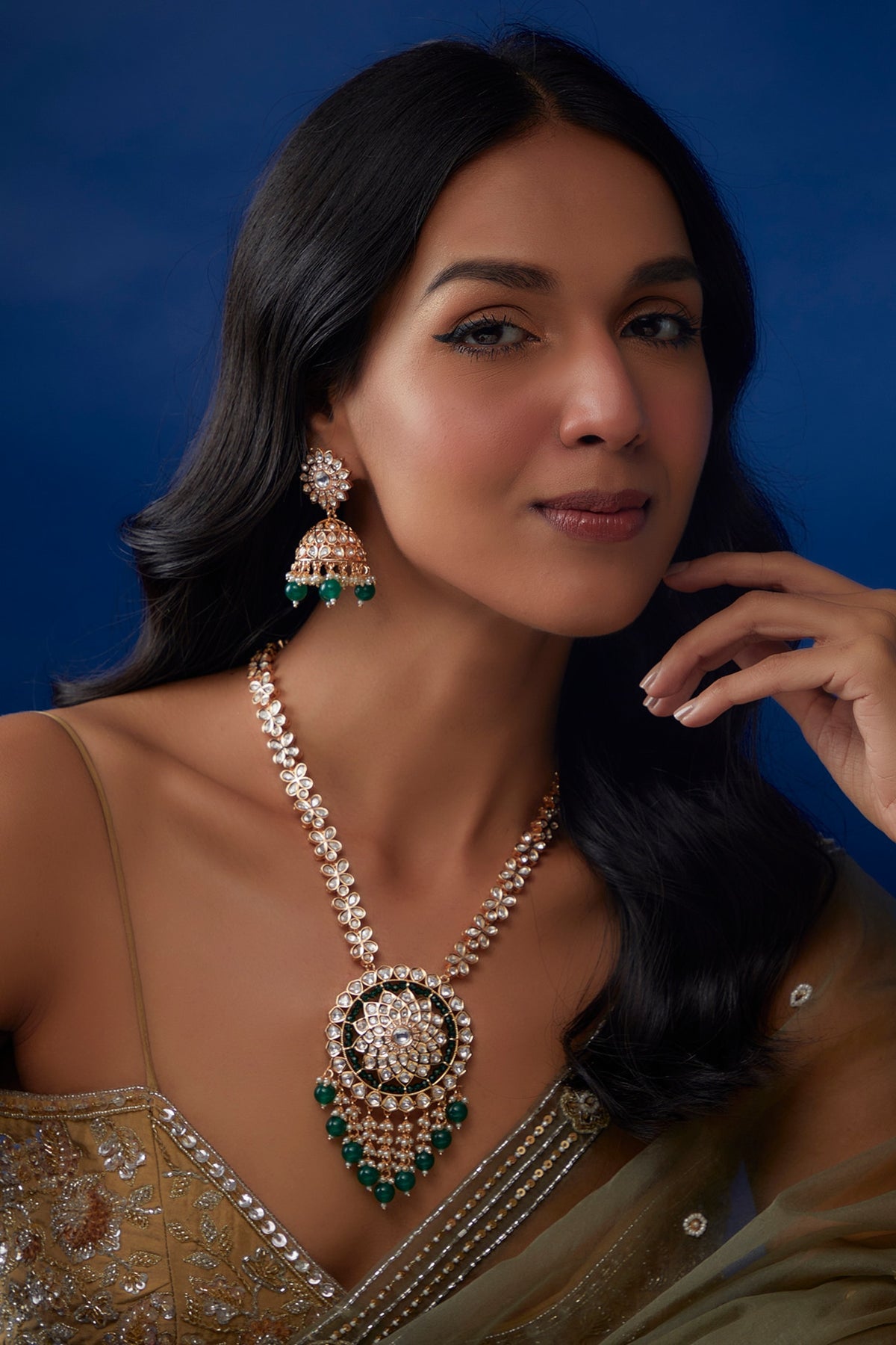 Gold Plated Kundan Polki & Emerald Stone Long Necklace Set