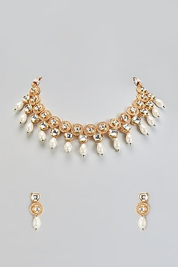 Gold Plated Kundan Polki & Pearl Drops Necklace Set