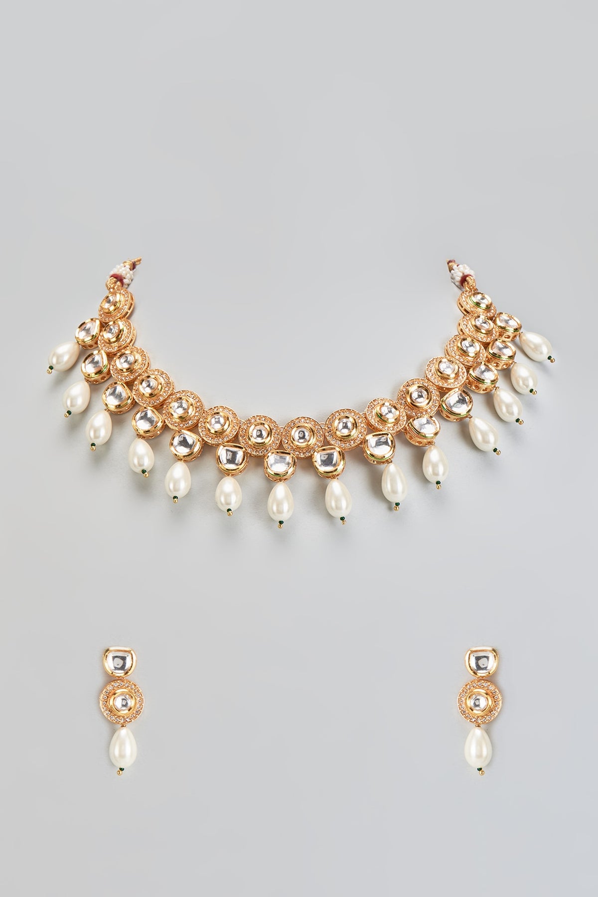 Gold Plated Kundan Polki & Pearl Drops Necklace Set
