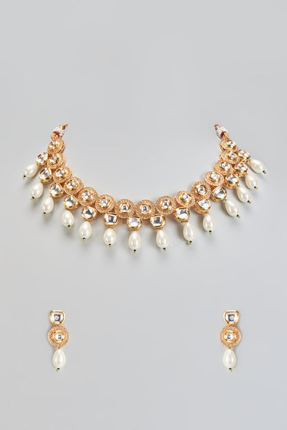 Gold Plated Kundan Polki & Pearl Drops Necklace Set