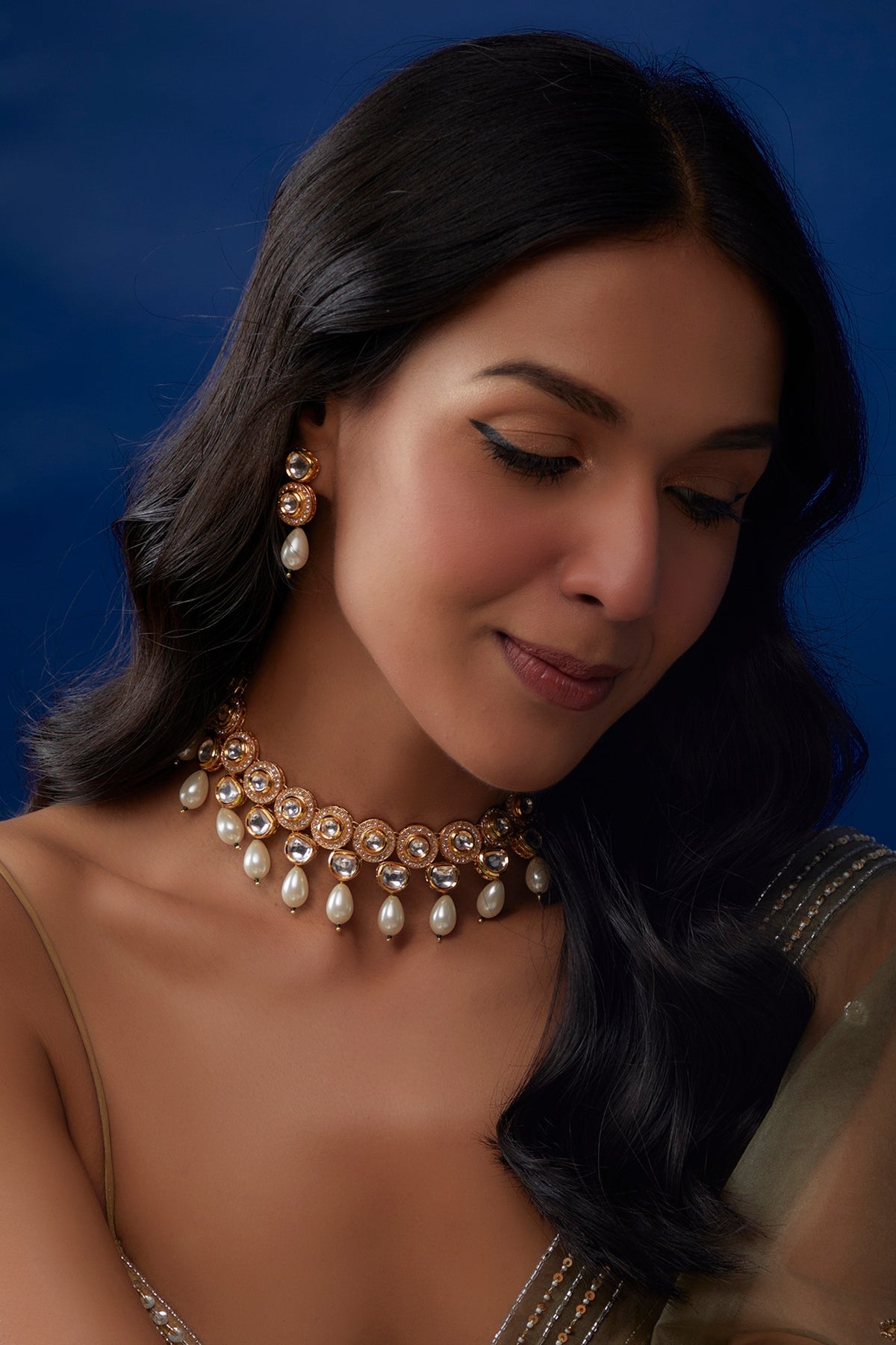 Gold Plated Kundan Polki & Pearl Drops Necklace Set