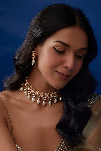 Gold Plated Kundan Polki & Pearl Drops Necklace Set