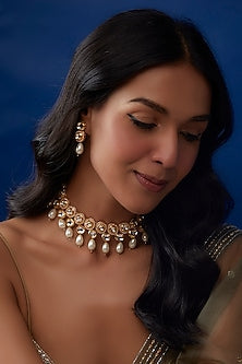 Gold Plated Kundan Polki & Pearl Drops Necklace Set