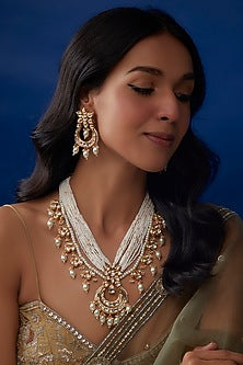 Gold Plated Kundan Polki & Pearl Long Necklace Set
