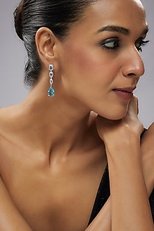 White Gold Finish Blue Cubic Zirconia Dangler Earrings