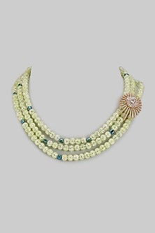 Gold Plated Agate Stone & Green Beaded Tri-Strand Necklace