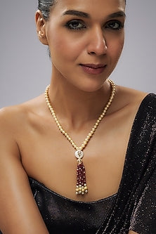 Gold Plated Pearl & Ruby Beaded Necklace