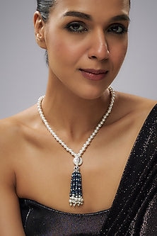 White Gold Finish Pearl & Blue Beaded Necklace