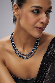 Gold Plated Cubic Zirconia & Blue Hematite Beaded Tri-Strand Necklace